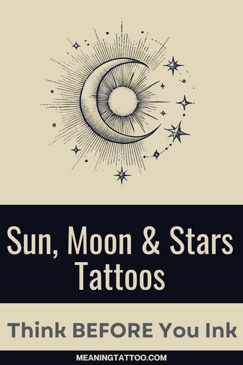 Thinking of getting a Sun, Moon & Stars tattoo? Learn the meaning behind these symbols before you make your decision. Click to discover more and find the perfect tattoo inspiration! Moon And Sun Together Tattoo, Negative Moon Tattoo, Sun Moon Stars Meaning, I See The Moon Tattoo, Separate Sun And Moon Tattoos, Earth Sun Moon Tattoo, Three Stars And A Sun Tattoo, Sunshine Finger Tattoo, Sun Moon Tattoo Meaning