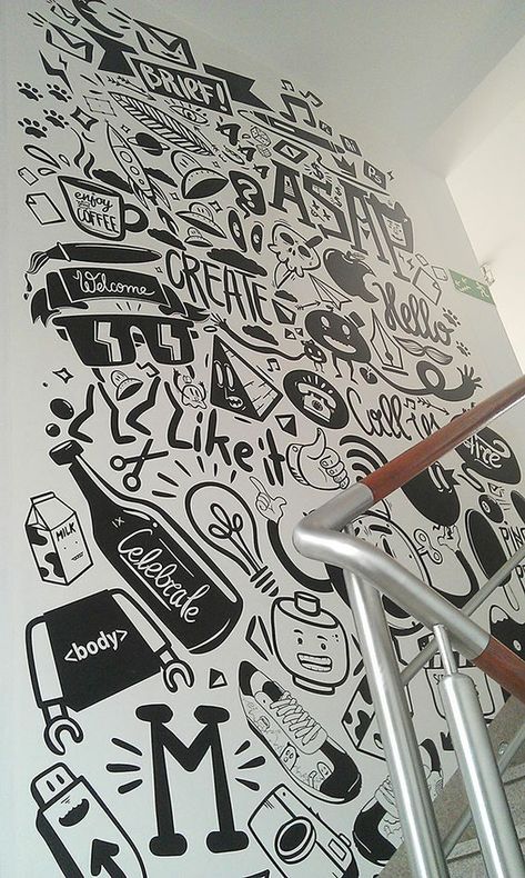 Doodle Wall, Office Mural, Arte Doodle, Wall Drawing, Wall Paint Designs, Mural Design, Japan Design, Mural Wall Art, Wall Graphics