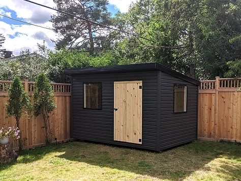 Shed Exterior Ideas, Backyard Workshop, Concrete Sheds, Sheds Ideas Backyard, Black Shed, Cool Sheds, Small Garden Shed, Pool Shed, Yard Sheds