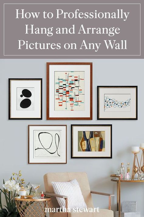 We share the professional way to arrange and hang frames on any wall in your home. Use these expert tips and tricks to help you create a gallery wall or hang a single framed print or photograph. Plus, the tools you will need. #hometour #homedesign #homedecor #marthastewart #inspiration #details Arrange Pictures On Wall, Picture Placement On Wall, Arrange Pictures, Hanging Pictures On The Wall, Picture Placement, Dining Room Gallery Wall, Small Apartment Decorating Living Room, Gallery Wall Design, Picture Arrangements