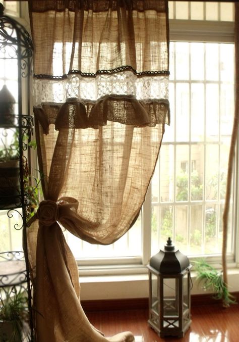 Custom Ruffled Rustic Burlap window Curtain Panel White | Etsy Cortinas Country, Kitchen Curtain Ideas, Farmhouse Living Room Curtains, Rideaux Shabby Chic, Farmhouse Window Treatments, French Country Bedrooms, Burlap Curtains, Modern Farmhouse Living, Kitchen Window Treatments