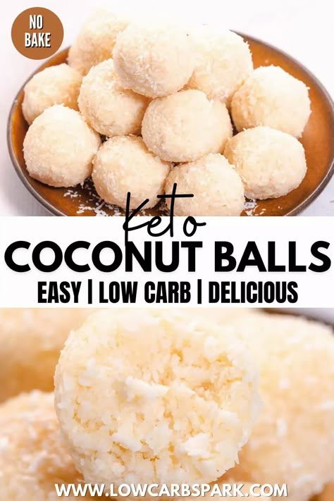 Made with ONLY 5 INGREDIENTS, these keto no bake keto coconut balls are loaded with coconut flavor, delicious, and easy to make. Sugar-free coconut balls are the perfect low-carb sweet treat. No Bake Coconut Balls, Macaroons Easy, Keto No Bake, 2023 Food, Coconut Protein, Coconut Balls, Keto Candy, Low Carb Sweeteners, Fat Bomb