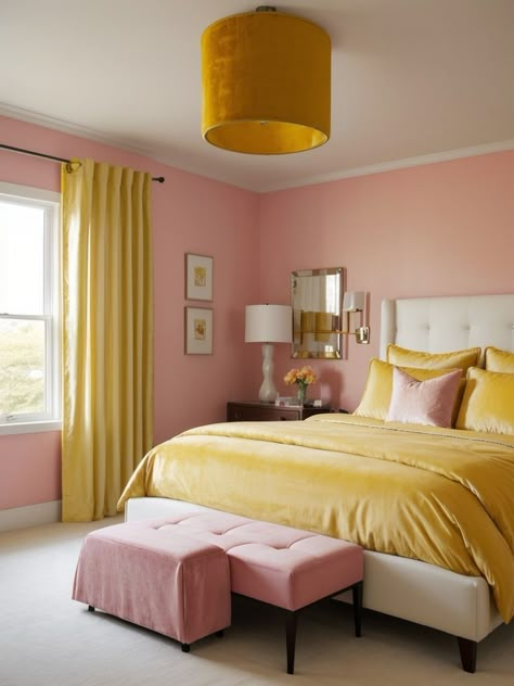 Yellow And Pink Aesthetic Room, Yellow Pink Bedroom Ideas, Light Pink And Orange Bedroom, Peach And Yellow Bedroom, Yellow Girls Bedroom Ideas, Pink And Yellow Home Decor, Blue Pink And Yellow Bedroom, Pink And Yellow Bedroom Aesthetic, Pink And Yellow Room Decor