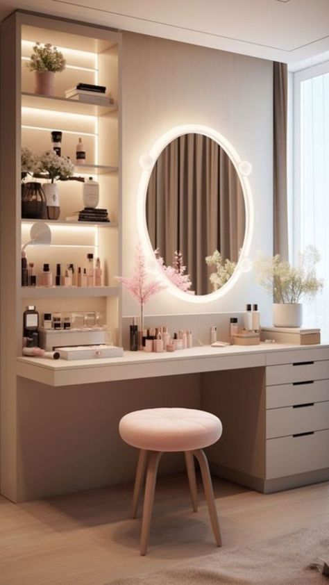 https://pin.it/1kMsa2QLF Led Dressing Table, Bathroom With Dressing Table, Long Dressing Table Design, Dressing Tables Ideas, Home Design Accessories, Vanity Ideas Bedroom With Shelves, Hollywood Mirror Dressing Table, Vanity Makeup Ideas, Make Up Mirror With Light