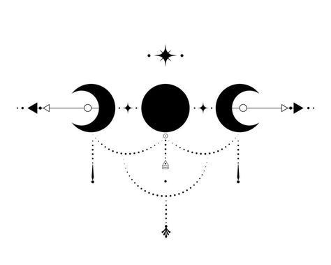 Triple Moon, Sacred Geometry, mystical arrows and crescent moon, dotted lines in boho style, wiccan icon, alchemy esoteric mystical magic sign. Spiritual occultism vector isolated on white background Triple Moon Tattoo, 2025 Bujo, Magic Sign, Tats Ideas, Crow Tattoo Design, Crow Tattoo, Witch Craft, Triple Moon, Sign Ideas