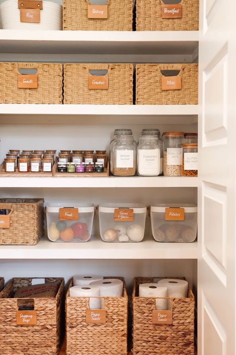 Pantry Tea Organization, Pantry Organization With Baskets, Linen Pantry Organization, Pantry Organization Sections, Organized Snack Pantry, Pantry Baking Organization, Target Pantry Organization, Pantry Organization Apartment, Deep Shelf Pantry Organization Ideas