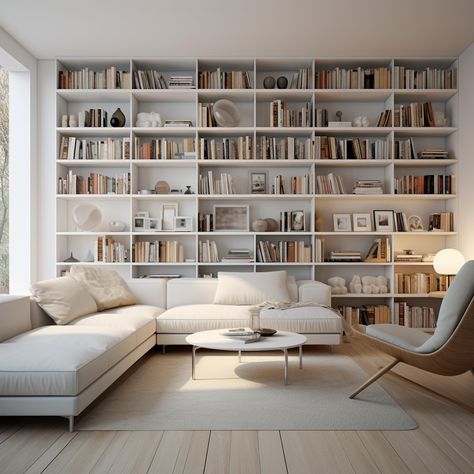 Living Room Book Self, Built In Bookcase Living Room Library Wall, Living Room Designs Library, Living Room With Bookshelves, Modern Library Room, Minimalist Library, Living Room Bookshelves, Room With Bookshelves, Small Library