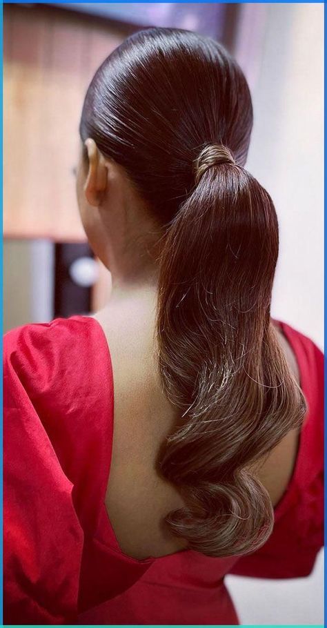 The low ponytail is a chic choice that’s easy to pull off for any occasion. It looks sleek and polished, making it perfect for both casual outings and formal events. Add a pretty hair accessory for a touch of flair, and you’re good to go! Simple Bridal Ponytail, Mid Height Ponytail, Low Pony Formal Hair, Bridal Hairstyle Ponytail, Tight Ponytail Hairstyles, High Ponytail Hairstyles Wedding, Fancy High Ponytail, High Pony Updo, Middle Part Low Ponytail