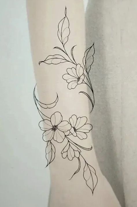 Wrapping Floral Tattoo, Flower Line Tattoo Arm, Flower Vine Tattoo Design, Flower Wrap Around Tattoo Stencil, Carnation Wrap Around Tattoo, Flower Tattoo Leg Woman, Delicate Floral Tattoo Design, One Line Sleeve Tattoo, Flower Tattoo Designs For Women Arm