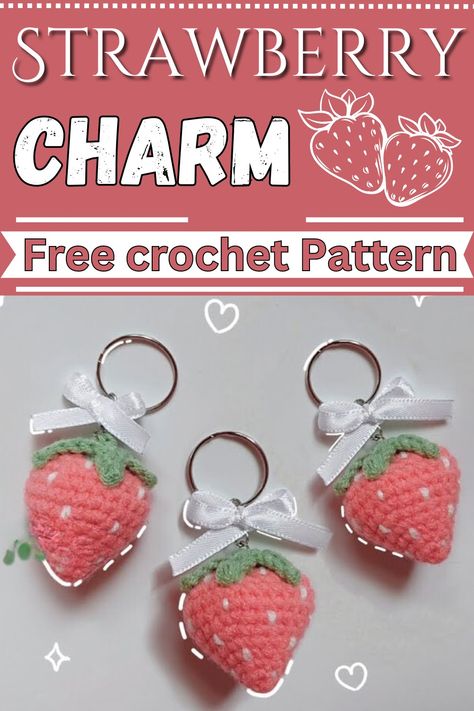 Crochet Strawberry Amigurumi Pattern For Spring Charm Strawberry Headphone Crochet, Mushroom Crochet Keychain Pattern, Free Crochet Pattern Strawberry, Crochet Keychain Easy Patterns, Crochet Ideas Strawberry, Crocheted Strawberry Pattern, Amigurumi Keychain Ideas, Crochet Strawberry Keychain Pattern, Crochet Strawberry Keychain Pattern Free