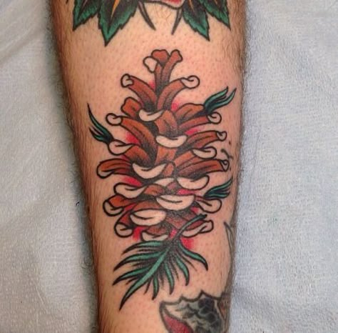 Traditional Tattoo Nature, Holiday Tattoos, Pinecone Tattoo, Traditional Mermaid, Pnw Tattoo, Pine Tattoo, Winter Tattoo, Fern Tattoo, Traditional Style Tattoo