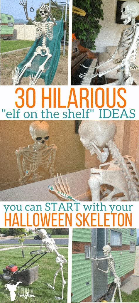 30 Hilarious "elf on the shelf" IDEAS you can start with your Halloween Skeleton - How cool is this?! Skeleton Ideas, Scary Halloween Decorations Outdoor, Uhyggelig Halloween, Halloween Outside, Party Playlist, Halloween Decorations Outdoor, Halloween Yard Decorations, Scary Halloween Decorations, Halloween Party Supplies