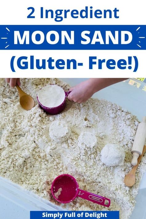 Looking for an easy moon sand recipe (gluten free)? Here's a simple 2 ingredient diy moon sand that's perfect for kids who need an allergy friendly option! Check out this easy diy moon sand now! Moon Sand Recipe, Sand Recipe, Diy Moon Sand, Sands Recipe, Diy Moon, Moon Sand, Recipe Gluten Free, Daycare Crafts, 2 Ingredient