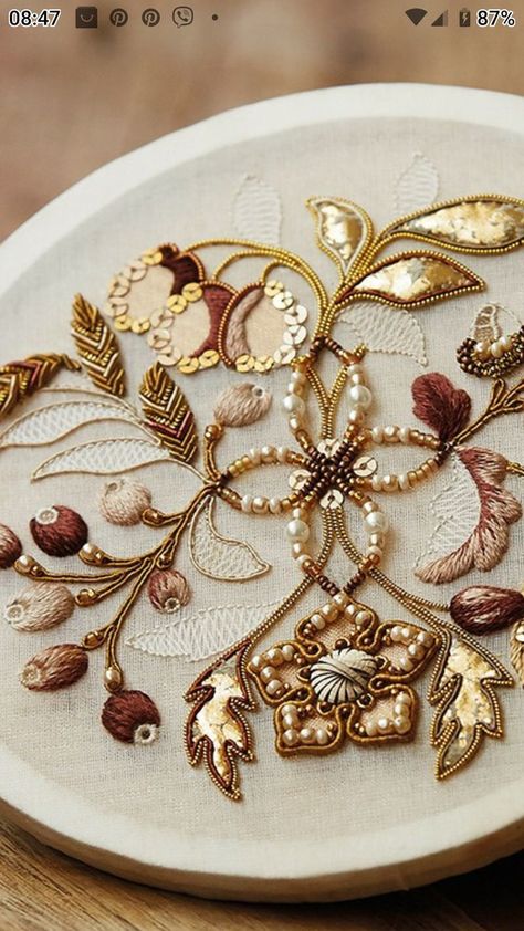 Gold Sequin Embroidery, Gold Flower Embroidery, Gold Bead Embroidery, Embroidery And Beading, Embroidery On Brown Fabric, Gold Work Embroidery Pattern, Goldwork Flowers, Sermeh Embroidery, Embriodary Design Ideas