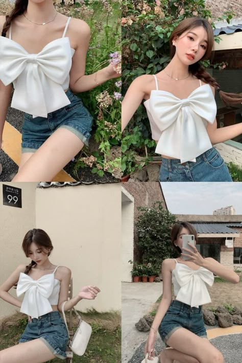 Perfect for vacation, holiday, beach, party, club, outing or daily wear. Bow Tops For Women, Spring Crop Top With Bow For Party, Sleeveless Bow Crop Top For Party, Crop Top Outfits Korean Style, Korean Crop Top, White Bow Crop Top For Summer, Fitted White Crop Top With Bow, Fitted Bow Crop Top, Cute Outfits With Shorts