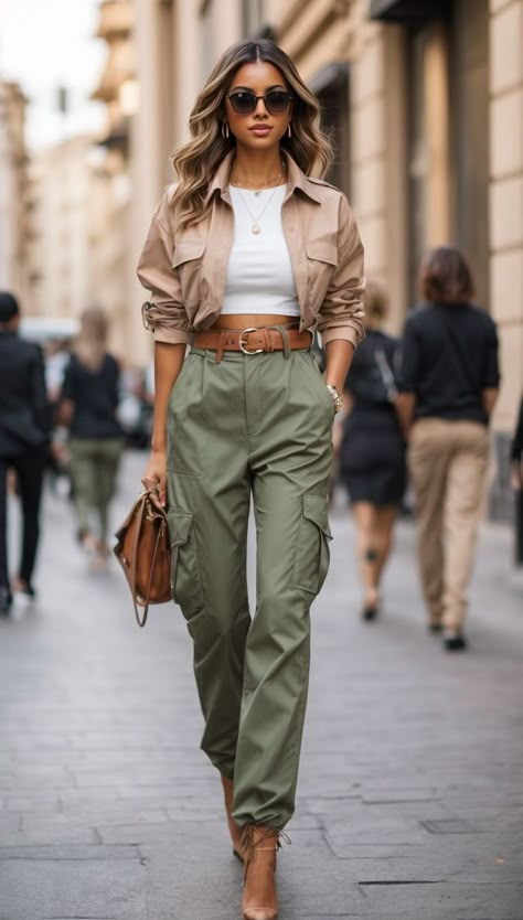 Dinner Cruise Outfit, Cargo Pants Outfit Street Style Women, Cargo Pants Outfit Street Style, Moda Safari, Popular Spring Outfits, Sandal Tali, Safari Outfits, Look Boho Chic, Walking Down The Street