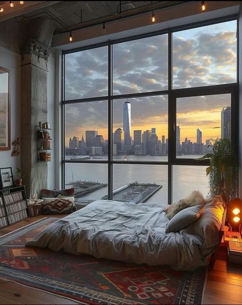 Penthouse Bedroom Aesthetic, New York Apartment Aesthetic, Life Could Be A Dream, Penthouse Aesthetic, Penthouse Bedroom, New York Bedroom, Nyc Penthouse, Beautiful Bedroom Designs, Apartment View