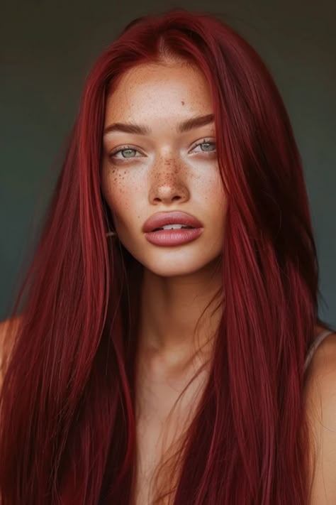 Woman with vibrant red hair and freckles looking at the camera against a neutral background. Red Hair Pink Lipstick, Red Hair Color With Dimension, Red Hair Pale Skin Green Eyes, Red Hair 2024, Cold Red Hair, Brown Skin Red Hair, Old Money Red Hair, Red Hair Makeup Looks, Intense Red Hair Color