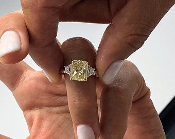 Radiant Diamond Rings, Radiant Moissanite, Radiant Cut Rings, Ring Three Stone, Emerald Cut Diamond Engagement, Oval Diamond Engagement, Yellow Diamond Rings, Fancy Yellow Diamond, Oval Diamond Engagement Ring