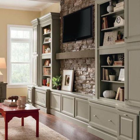 Mantle without fireplace! Mantle Without Fireplace, Living Room Without Fireplace, Fireplace Focal Point, Rock Fireplace, White Shaker Kitchen Cabinets, Design Cabinet, Built In Shelves Living Room, Cabinet Painting, Modern Tv Cabinet