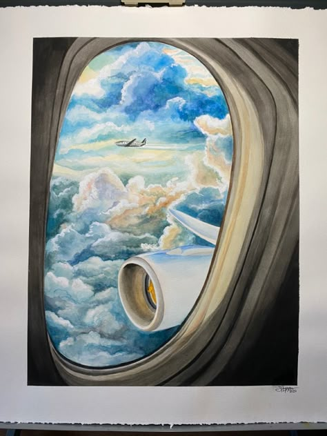 Airplane Painting, Northern Lights Painting, Airplane Drawing, Plane Window, Window Drawing, Sky Art Painting, Sky Artwork, Airplane Art, Art Painting Gallery