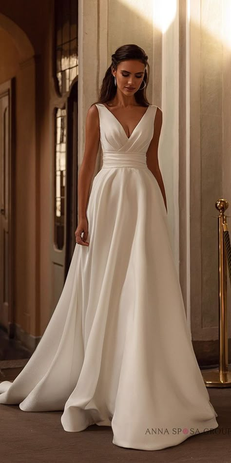 Simple Satin Wedding Dress A Line Classy, Wedding Dresses With V Neckline, Elegant Wedding Dress Straps, Satin Wedding Dress With Detail, Wedding Dress Classic Elegant Romantic, Simple Elegant A Line Wedding Dress, Ballgown Dress Wedding, A Line Princess Wedding Dresses Simple, Simple Elegant Satin Wedding Dress