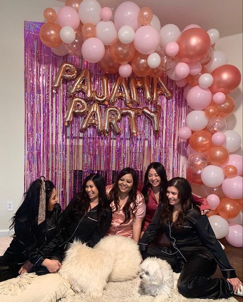 Pajamas Party Adults, Slumber Party Photo Booth, Birthday Silk Pajamas, Birthday Pajamas Party, Pajamas Birthday Party Ideas, Pyjamas Night Party, Pajama Birthday Party Decorations, 21st Birthday Pajama Party, Pajama Party Ideas Teenage