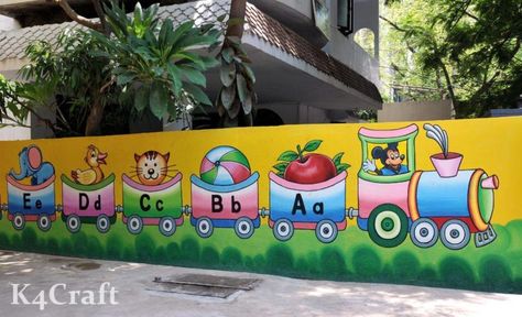 Play School Wall Paintings to Decorate Walls • K4 Craft Wall Painting For Play School, School Wall Decoration Painting, Wall Painting For Nursery School, School Walls Decorating Ideas, Bala Paintings For School, Wall Painting For Preschool, Play School Wall Painting Ideas, School Wall Drawing, School Outside Wall Painting