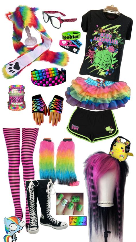 rainbow ver. because someone wanted it :3   ||   #scene #sceneoutfit #outfit #rainbow #rainbowscene #emo #rainbowemo Scenekid Aesthetic, Scenecore Clothes, Scenecore Outfit, Xmas Outfits, Scene Outfits, Birthday Fits, Alt Outfits, Rainbow Outfit, Scene Fashion