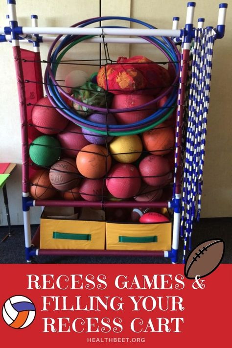 Three classic recess games and all the supplies you need to fill a recess cart. Health Beet, Pe Equipment, Pe Lesson Plans, Recess Games, Recess Time, Tetherball, Elementary Pe, Health Teacher, Pe Lessons