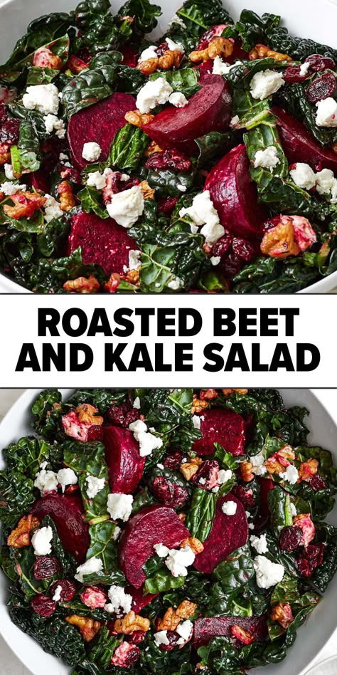 Roasted beet and kale salad recipe Beet And Kale Salad, Homemade Balsamic Vinaigrette, Beet And Goat Cheese, Beet Salad Recipes, Roasted Beet Salad, Kale Salad Recipes, Christmas Meals, Beet Recipes, Festive Recipes