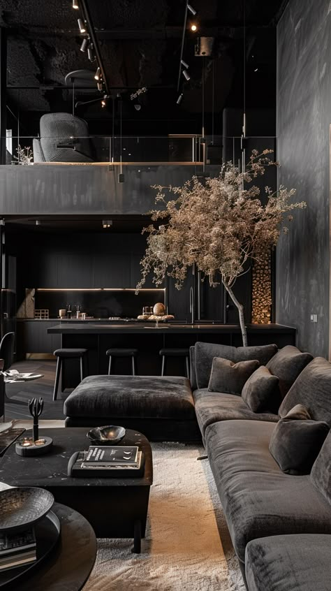 Embracing the Dark Side: Luxurious All-Black Interior Design — Living Bright Interiors Black High Ceiling, Black On Black Living Room, Black Walls Interior Design, All Black Interior House, Dark Minimal Living Room, Black Wood Interior Design, Dark Luxury Interior, Dark Moody Apartment, Dark Home Interior Design