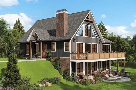 Single-Story Contemporary 5-Bedroom Hillside Home for Sloped and Narrow Lots with a Wet Bar Hillside Craftsman Home, House Plans On Hillside, House Plans Built Into Hillside, House Plans For Steep Slopes, Hillside Ranch House Plans, Barndominium On A Hillside, Homes On A Hillside, House Plan With Large Windows, Farmhouse Plan With Walkout Basement