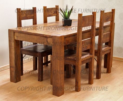 Rustic Dining Tables | RUSTIC FARM 150cm DINING TABLE & 4 RUSTIC FARM CHAIRS Wooden Bench For Dining Table, Rustic Dining Table With Bench, Dining Table Chairs Design Wooden, Rustic Trestle Dining Table, Kitchen Table Benches, Rustic Dining Room Sets, Dapur Rustic, Rustic Dining Furniture, Rustic Dining Room Table