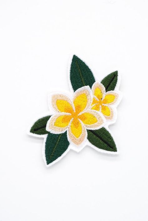 Yellow Plumeria Embroidered Patch. Perfect for your handmade projects. #embroidery #patch . #Cute_Iron_On_Patches #Senior_Patches_For_Jackets #Senior_Patches #Embroidery_Patches_Designs Cute Iron On Patches, Senior Patches For Jackets, Embroidery Patches Designs, Senior Patches, Senior Jackets Patches, Aesthetic Patches, Yellow Plumeria, Senior Jackets, Sunflower Patch