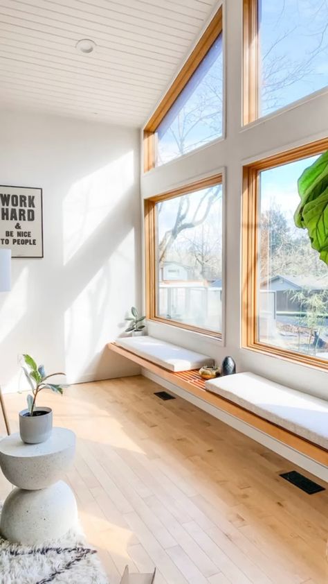 urbanoreganics on Instagram: Soooo... remember 3 months ago when we built this floating window bench? We just finally got the cushions for them last week, which… Long Bench In Front Of Window, Floating Window Bench, Office Window Bench, Window Ledge Seating, Built In Floating Bench, Window Bench Kitchen, L Shape Bench, Floating Bench Seat, Treehouse Interior