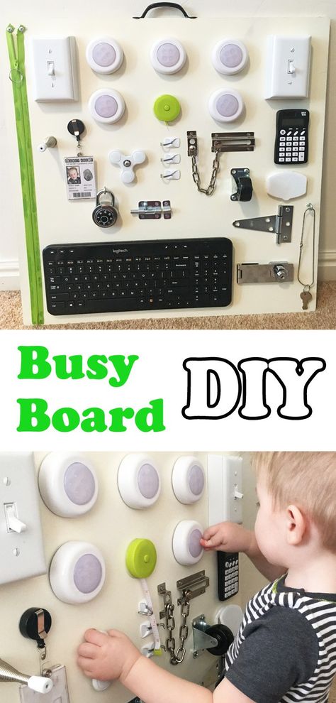 Busy Board for Busy Kids - the love(d)welling Diy Busy Board, Diy Sensory Board, Latch Board, Toddler Activity Board, Busy Boards, Busy Boards For Toddlers, Diy Bebe, Diy Toddler, Activity Board