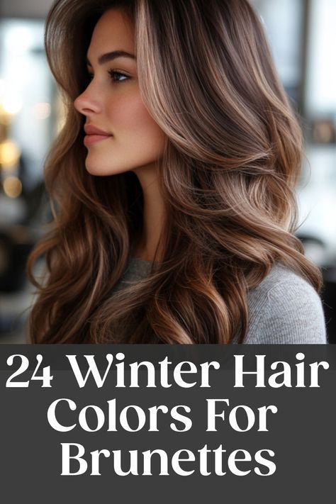 Transform your locks with the coolest winter hair color ideas for brunettes! Stay on trend this season and rock a new hue that will have you standing out in the snow. From rich chocolate tones to warm caramel highlights, we've got the perfect shades to elevate your winter hair game. Whether you're looking for a subtle change or a bold transformation, these winter hair colors for brunettes will have you slaying all season long. 2 Tone Brown Hair Color, Long Brown Hair With Layers Wavy, Balayage For Neutral Skin Tone, Chocolate With Caramel Highlights, Winter Brunette Hair Color Highlights, Fun Brown Hair Color Ideas, Winter Hair Balayage, Fun Highlights For Brunettes, Chocolate Hair Color With Highlights