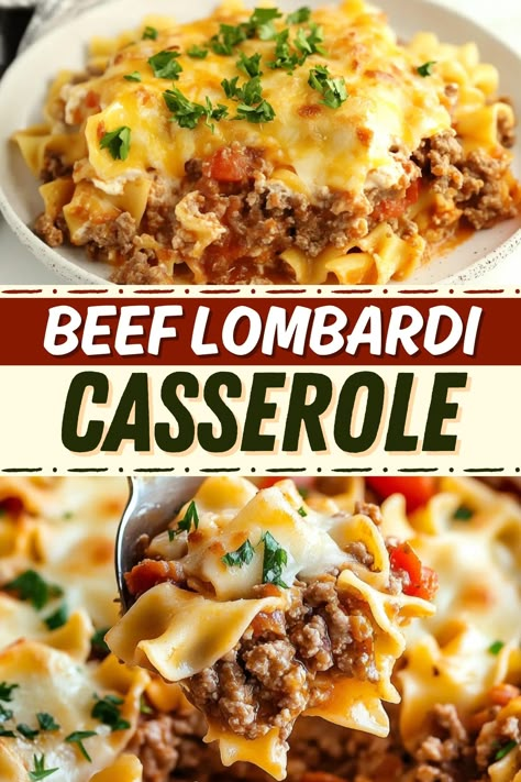 Indulge in some comfort food with this hearty Beef Lombardi casserole! With ground beef, egg noodles, tomato sauce, and cheese, it's just too good. Casserole Recipes For Dinner Pasta, Easy Oven Casseroles, Casserole Recipes With Hashbrowns, Egg Casserole Recipes With Hashbrowns, Recipes With Hashbrowns, Quick Dinner Casseroles, Rotisserie Chicken Casserole Recipes, Casserole Recipes Ground Beef, Rotisserie Chicken Casserole