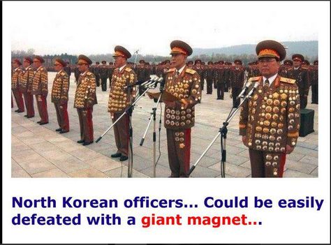 A photograph shows a group of North Korean generals wearing medals on their shirtsleeves and pants. Korean Military, Bloc Party, Military Humor, Michael Phelps, North Korean, Lewis Carroll, School Photos, Military Uniforms, Memes Humor