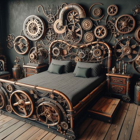 10 Steampunk Decor Ideas Steampunk Room Ideas Bedrooms, Steam Punk Design, Steampunk Home, Steampunk Bed Frame, Steam Punk Decor, Crazy Furniture, Steampunk Aesthetic Interior, Steampunk Gaming Setup, Steam Punk Bedroom