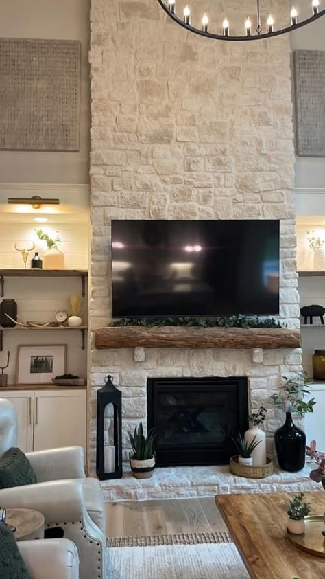 Rock Fireplace With Tv, Fireplace Mantle On Stone Wall, Fireplace Flush With Floor, Stone Fireplace With Mantle And Tv, Stone Wall Behind Tv, Stone Gas Fireplace With Tv Above, Stone Ledger Fireplace, Electric Stone Fireplaces, Rock Accent Wall Living Room