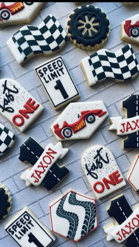 First Trip Around The Track Birthday, Fast One Birthday Cupcakes, Fast One Birthday Food Ideas, Racecar Cupcakes Ideas, Racecar 1st Birthday, Fast One Birthday Party, Formula 1 Birthday, 1st Birthday Boy Themes, Boys First Birthday Party