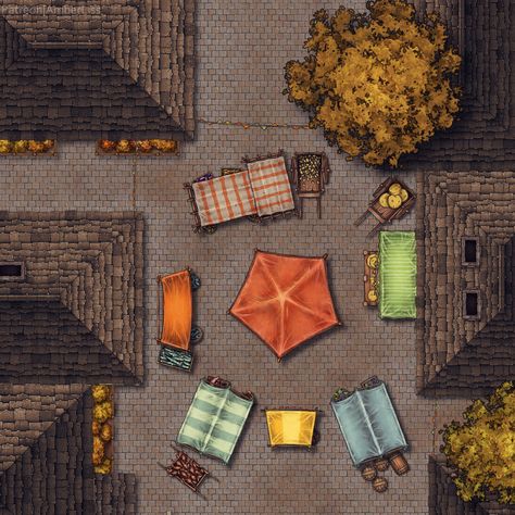 |Dungeons and Dragons map| In the heart of the small city lies a bustling food market, where stalls of diverse meet and fruit and aromatic spices line the cobblestone streets. | Subscribe to my Patreon for more maps for your games😁| Market Map Dnd, Dnd Market, Map Layout, Map Store, Dnd Maps, Cobblestone Streets, Small City, Market Stalls, City Market