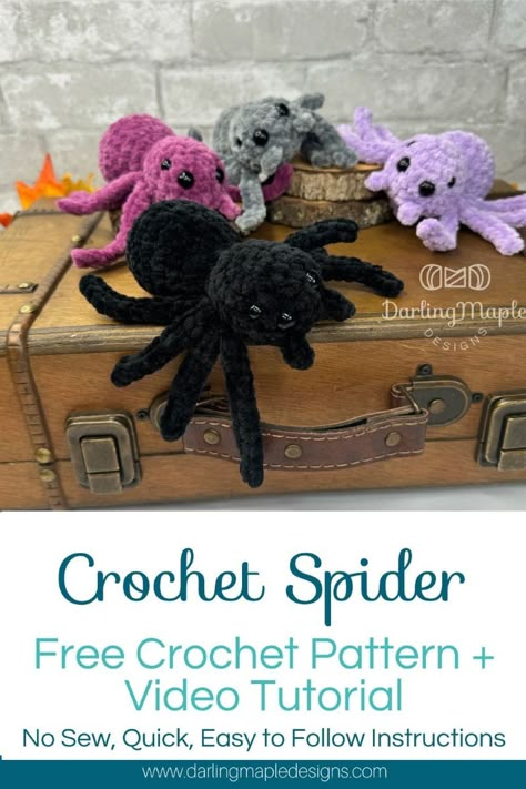 Quick, cute and no sew.  This free crochet spider pattern by Darling Maple Designs is great for last minute gifts and craft market prep.  Pattern includes written instructions, and full video tutorial. Jumping Spider Amigurumi, No Sew Spider Crochet Pattern Free, Spider Sewing Pattern Free, Crochet Spider Amigurumi, Crochet Jumping Spider Pattern Free, Crochet Tarantula Pattern Free, Spider Amigurumi Free Pattern, Jumping Spider Crochet Pattern Free, Free Spider Crochet Pattern