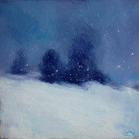 Snowfall on Mont Ventoux | A small painting with snowflakes silently falling down to cover the already thick blue-white ground #contemporaryart #snow #winterscenes Moody Painting, Snow Art, Mazzy Star, Painting Snow, Winter Sky, Winter Painting, Dark Winter, Winter Magic, Snow Scenes