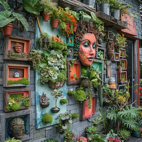 Outdoor Wall Decoration Ideas, Crazy Garden Ideas, Unique Garden Ideas Diy Creative, Diy Garden Wall Decor, Garden Wall Art Ideas, Garden Wall Ideas Decorative, Repurposed Garden Ideas, Garden Fence Ideas Decorative, Outdoor Garden Wall Ideas