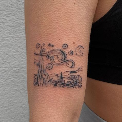 Van Gogh Fine Line Tattoo, Van Gogh Cypress Tree Tattoo, Art Student Tattoo, Tattoo Famous Painting, Tattoos Inspired By Paintings, Tattoos Based On Paintings, 80s Aesthetic Tattoo, Art Inspired Tattoos Famous, Minimalist Tattoo For Artist