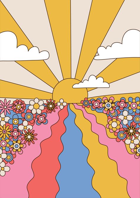 60s Groovy Art, Inspiring Backgrounds, Trippy Sun, Hippie Background, Hippie Drawing, Hippie Sun, Wallpaper Hippie, 1960s Hippie, 1970s Art