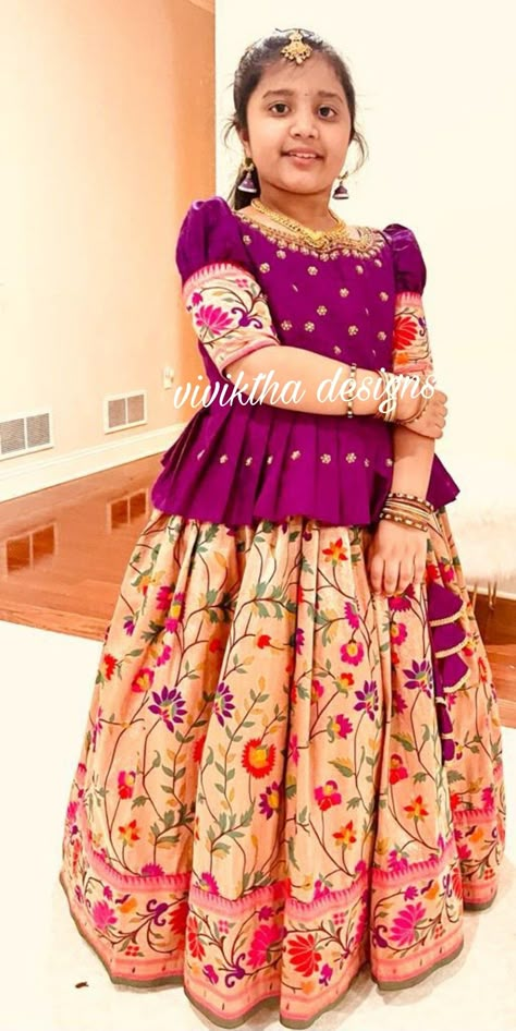 Paithani Dress Pattern, Kids Lehanga Design Indian Dresses, Kids Blouse Designs For Lehanga, Kids Lehanga Design For Wedding, Lehanga Blouses, Langa Blouse For Kids, Sequence Flower, Pattu Langa For Kids, Cute Siblings